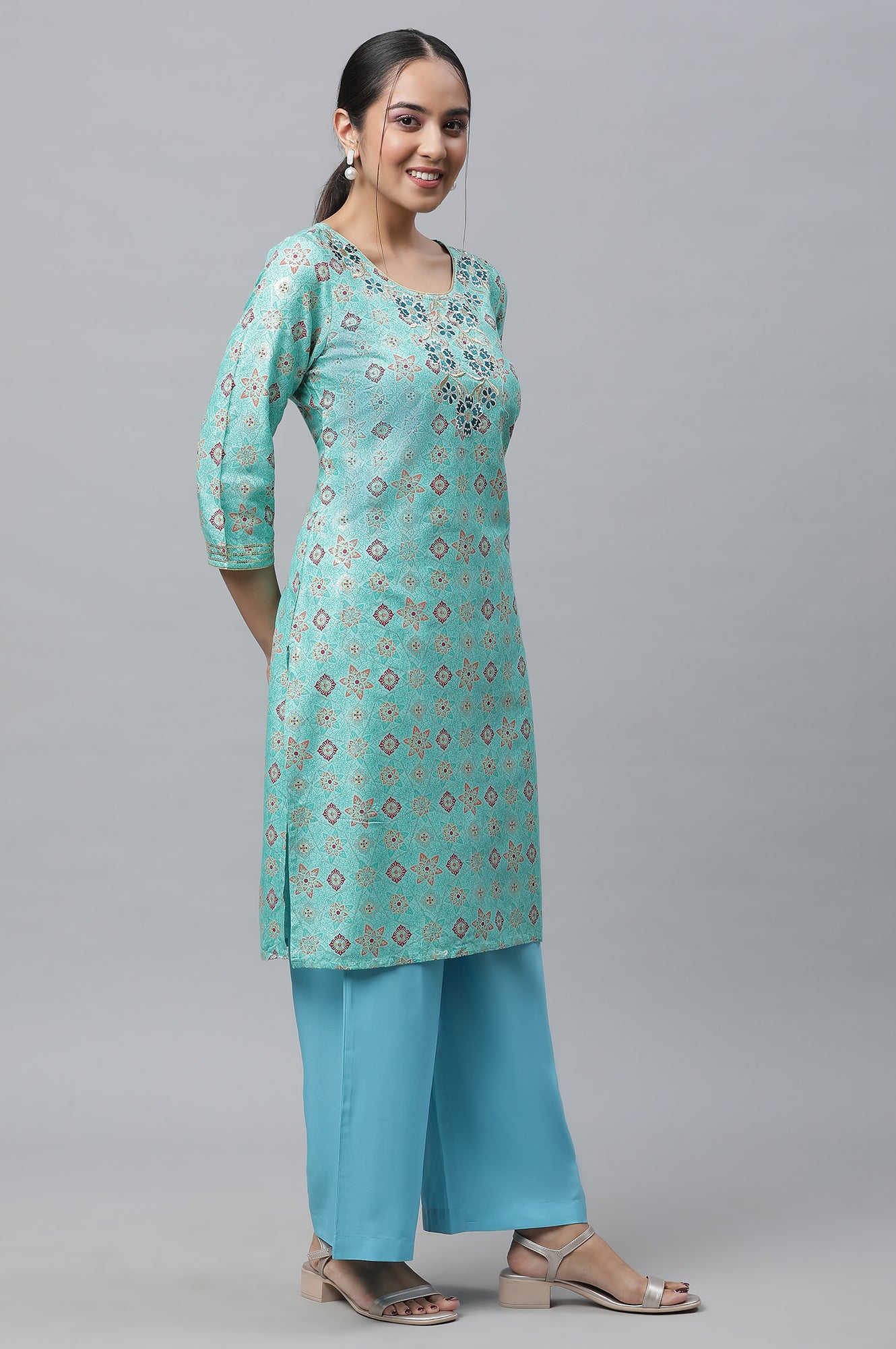 Green Embroidered Geometric Print kurta Palazzos Set