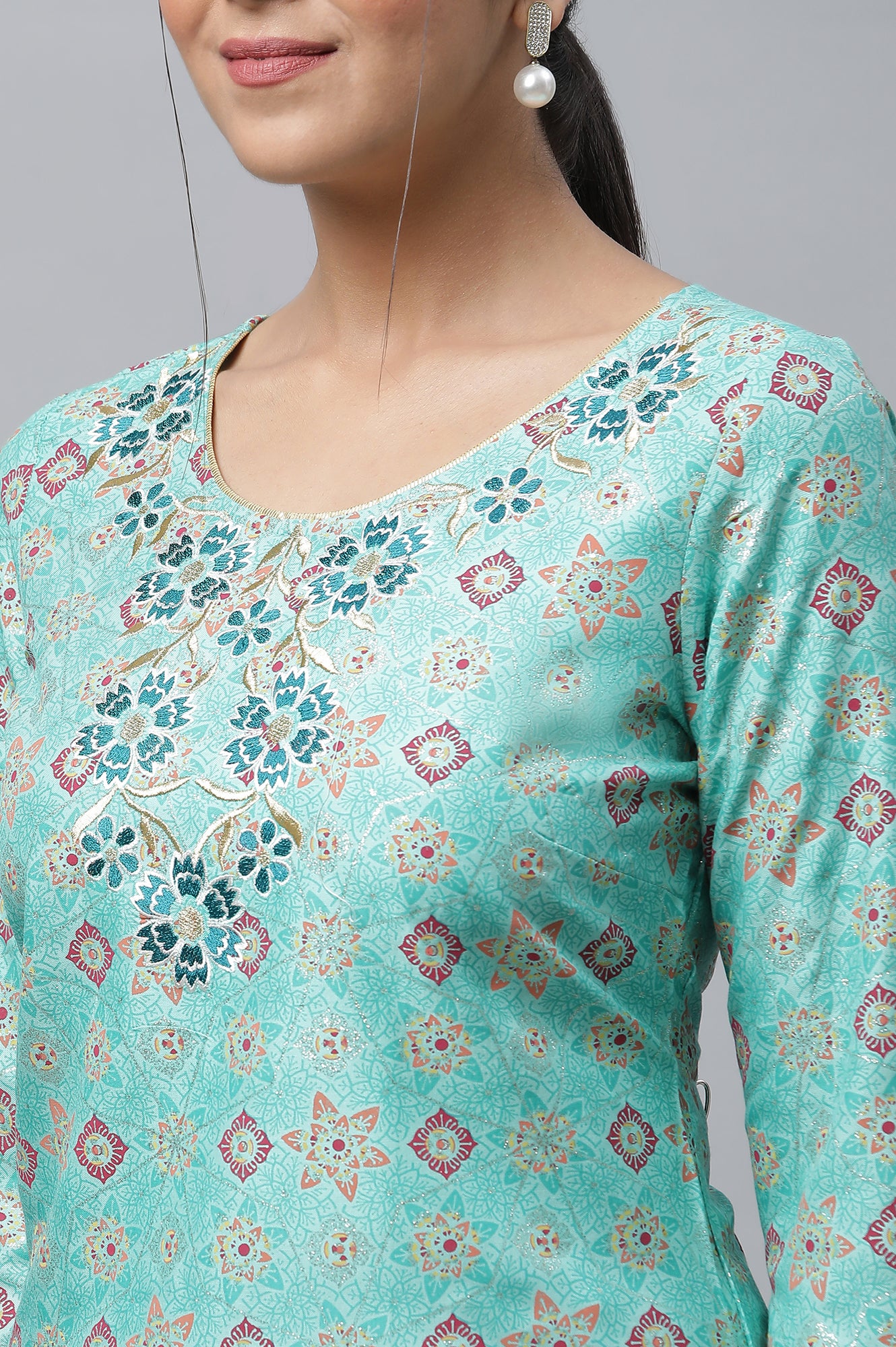 Green Embroidered Geometric Print kurta Palazzos Set