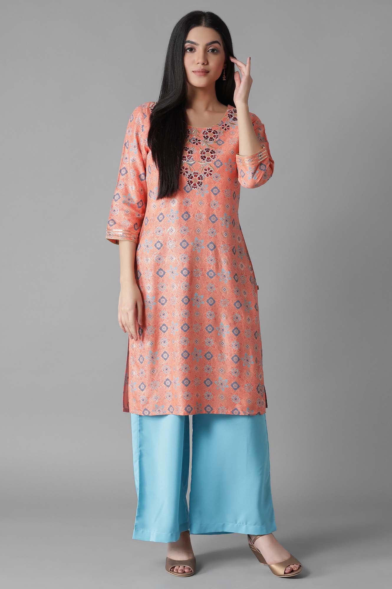 Pink Embroidered Geometric Print kurta Palazzos Set