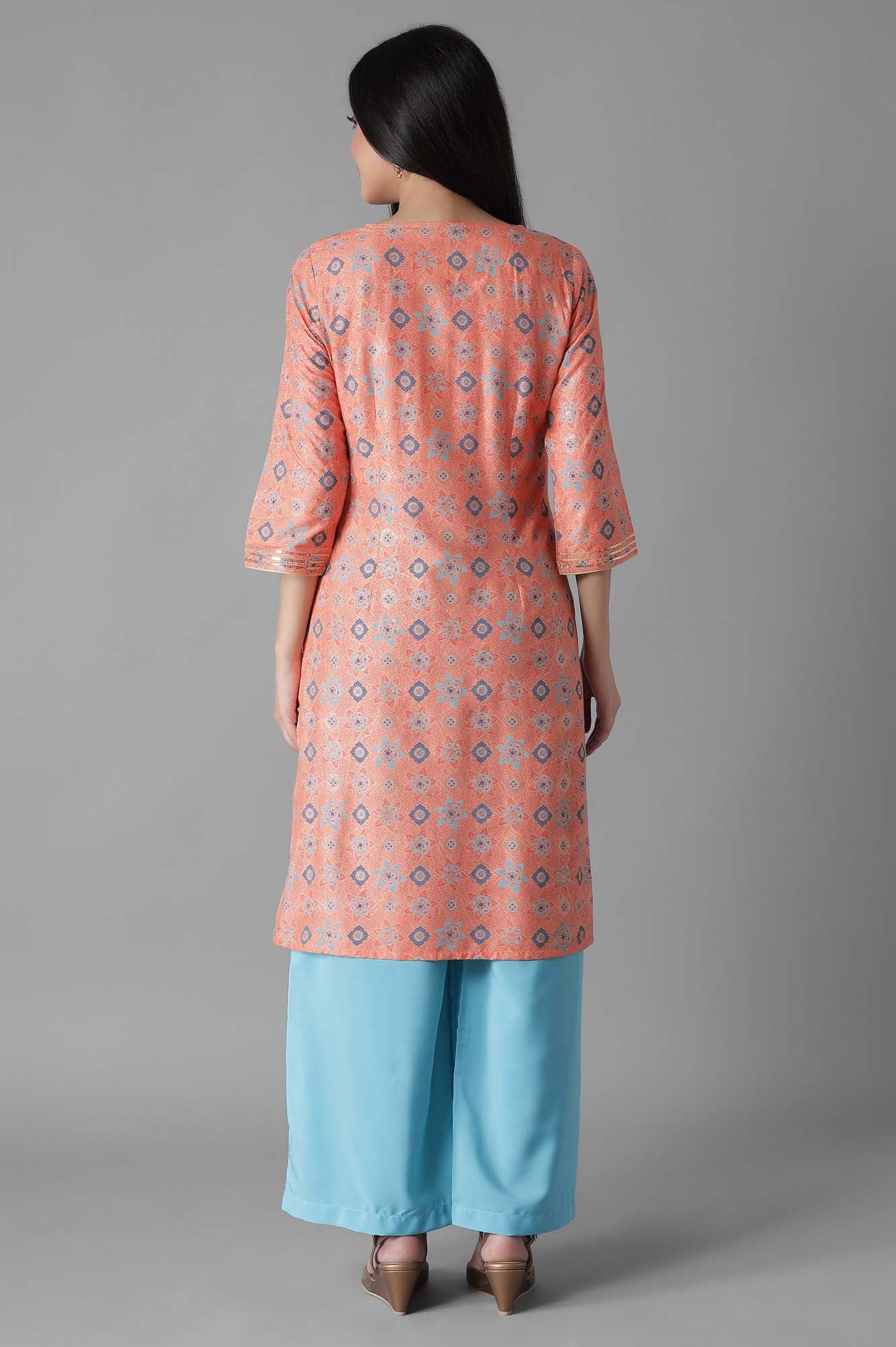 Pink Embroidered Geometric Print kurta Palazzos Set