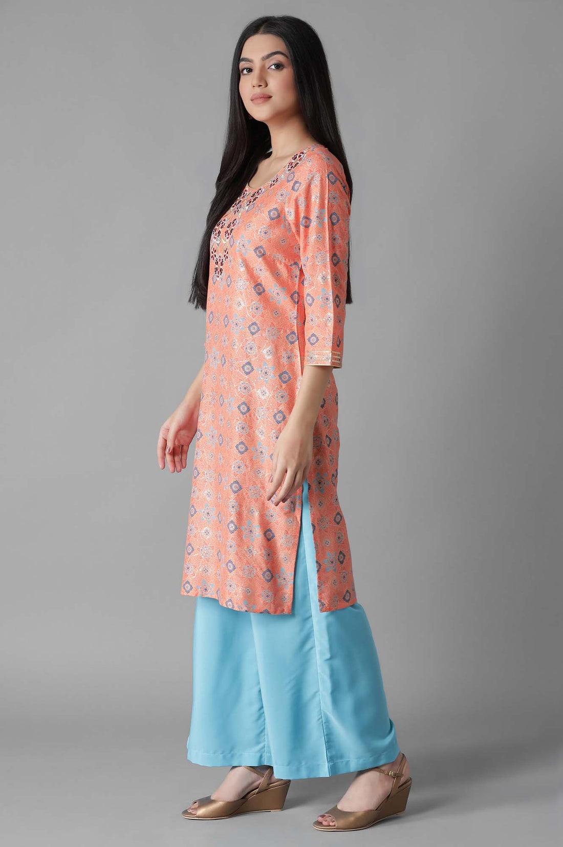 Pink Embroidered Geometric Print kurta Palazzos Set