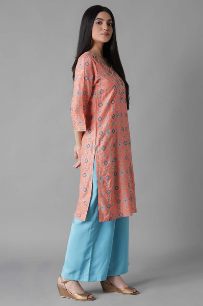 Pink Embroidered Geometric Print kurta Palazzos Set