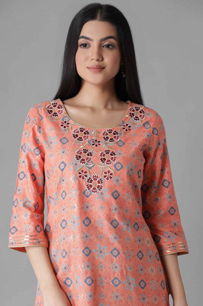 Pink Embroidered Geometric Print kurta Palazzos Set