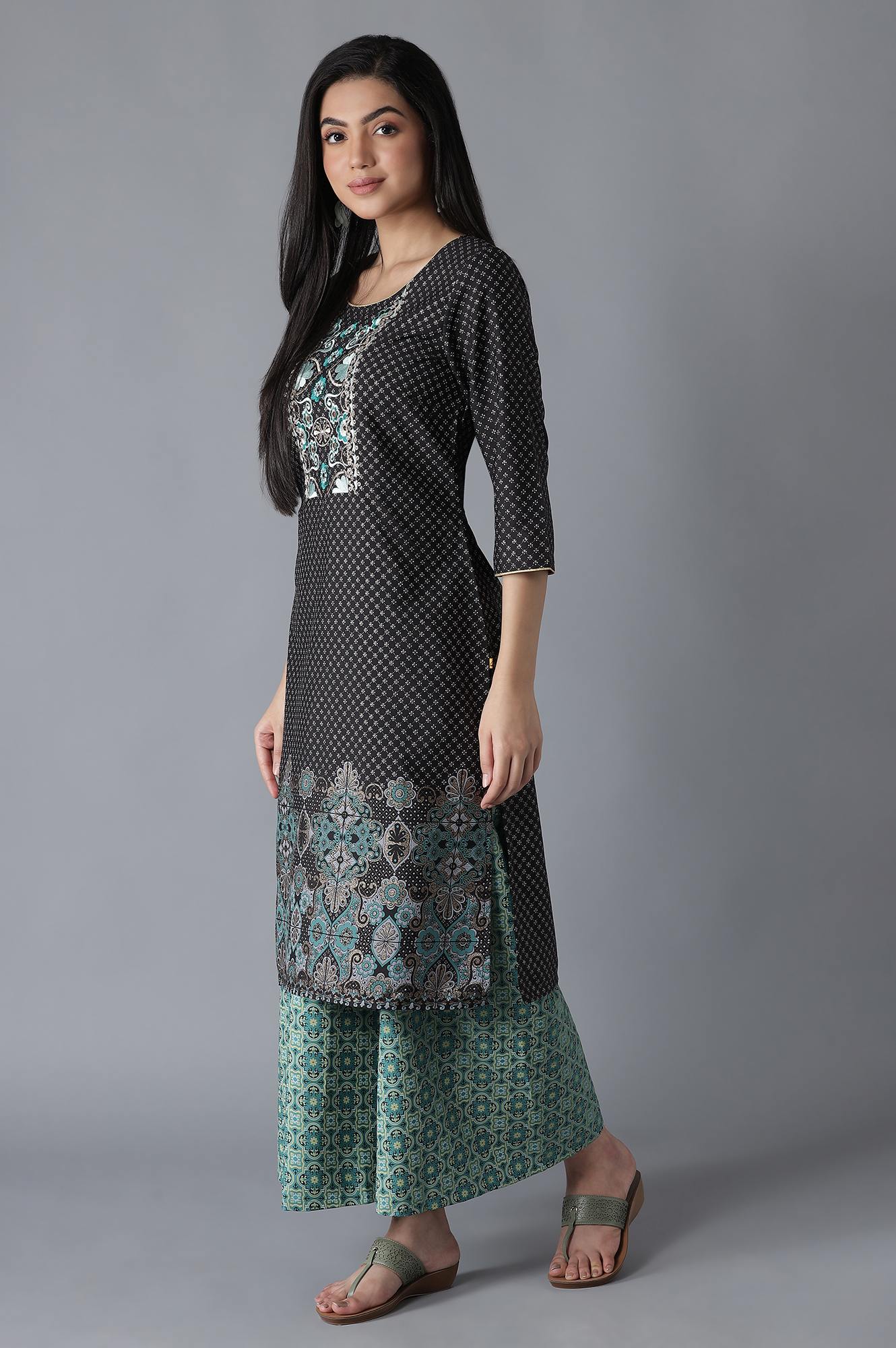 Black Embroidered Geometric Print kurta Culottes Set