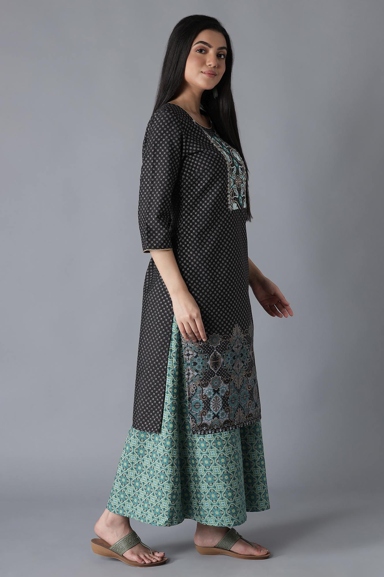 Black Embroidered Geometric Print kurta Culottes Set