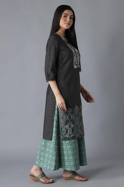 Black Embroidered Geometric Print kurta Culottes Set