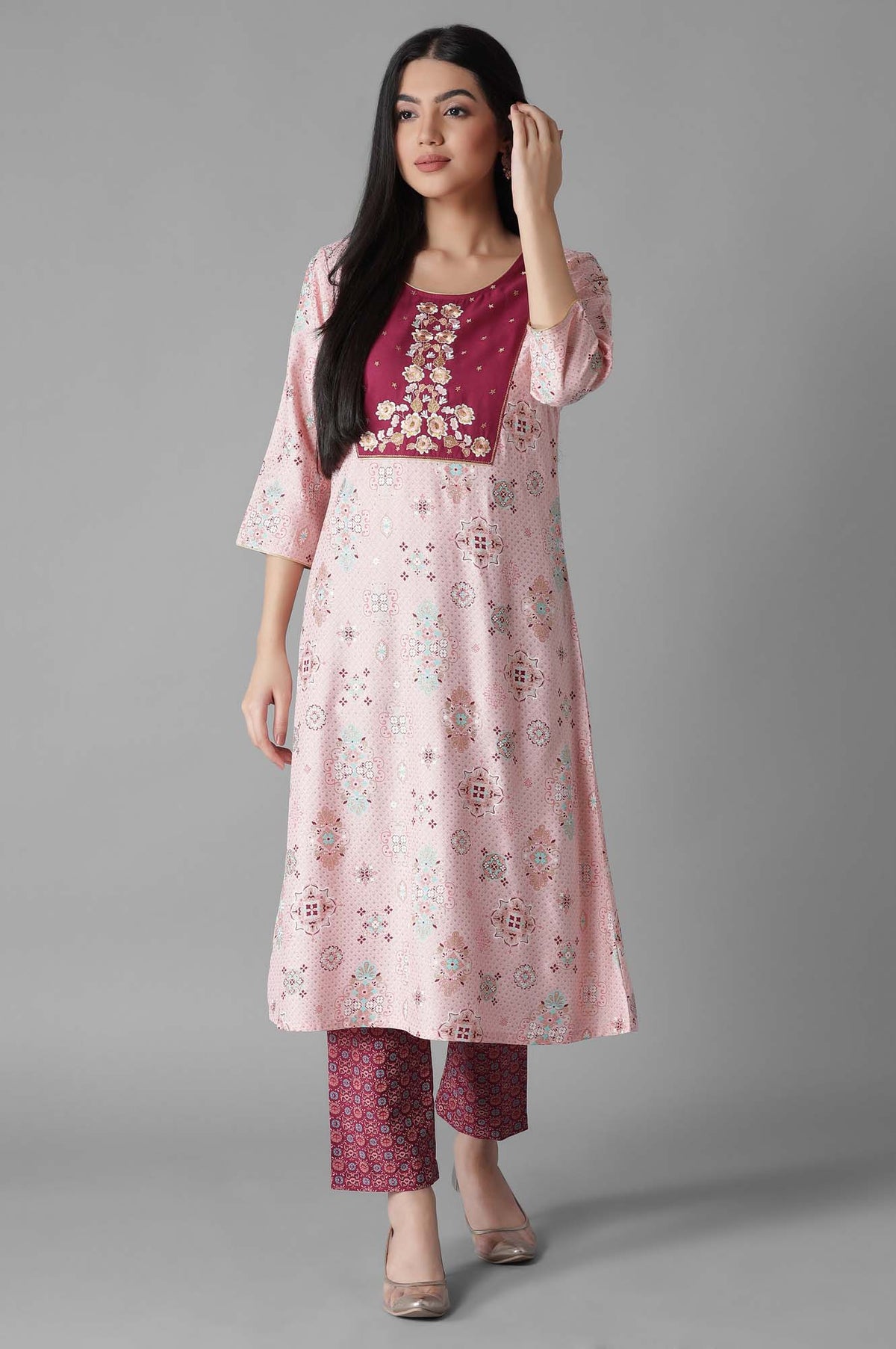 Rose Pink Glittered Geometric Print A line kurta Trousers Set - XS