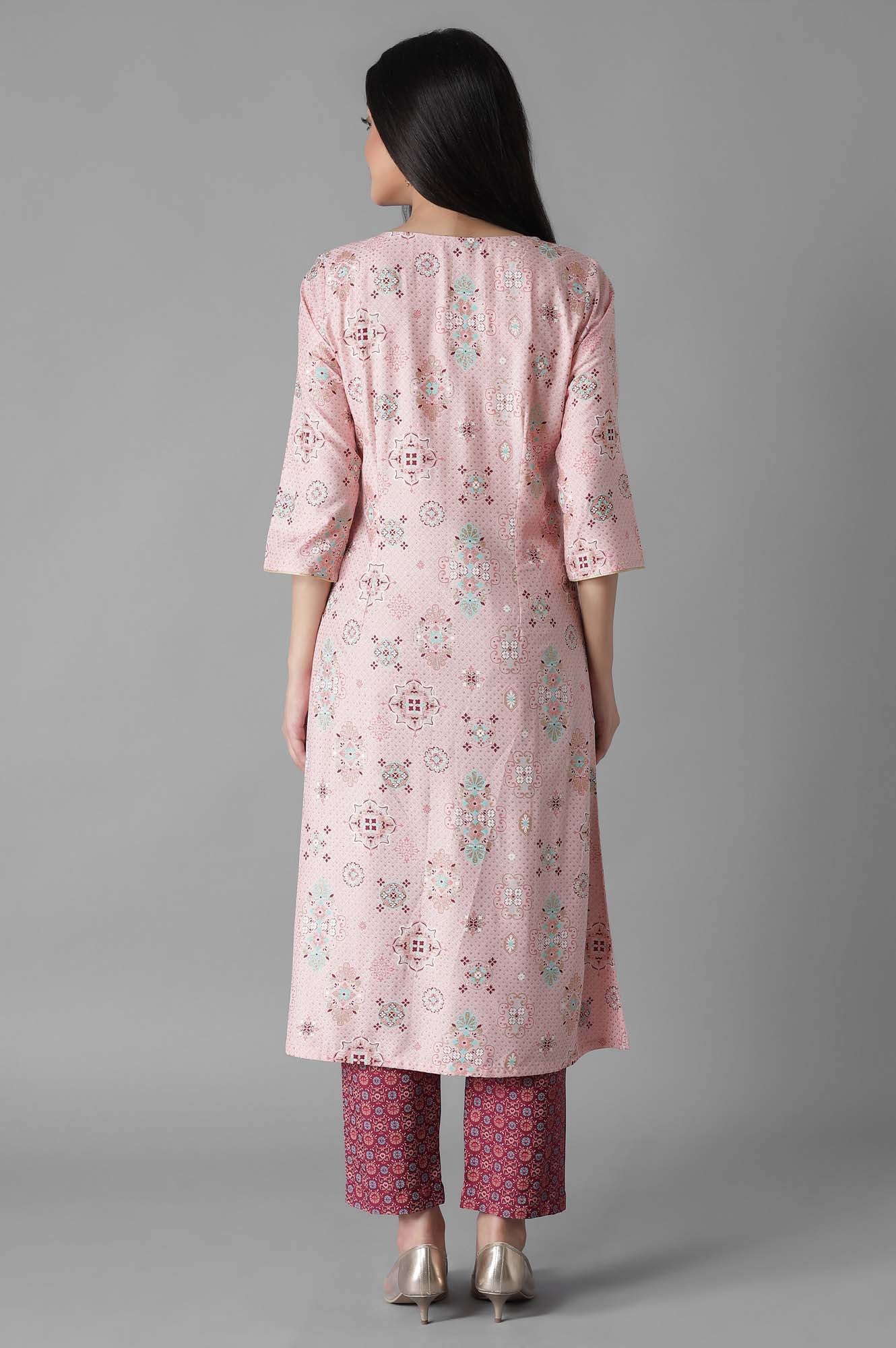 Rose Pink Glittered Geometric Print A line kurta Trousers Set