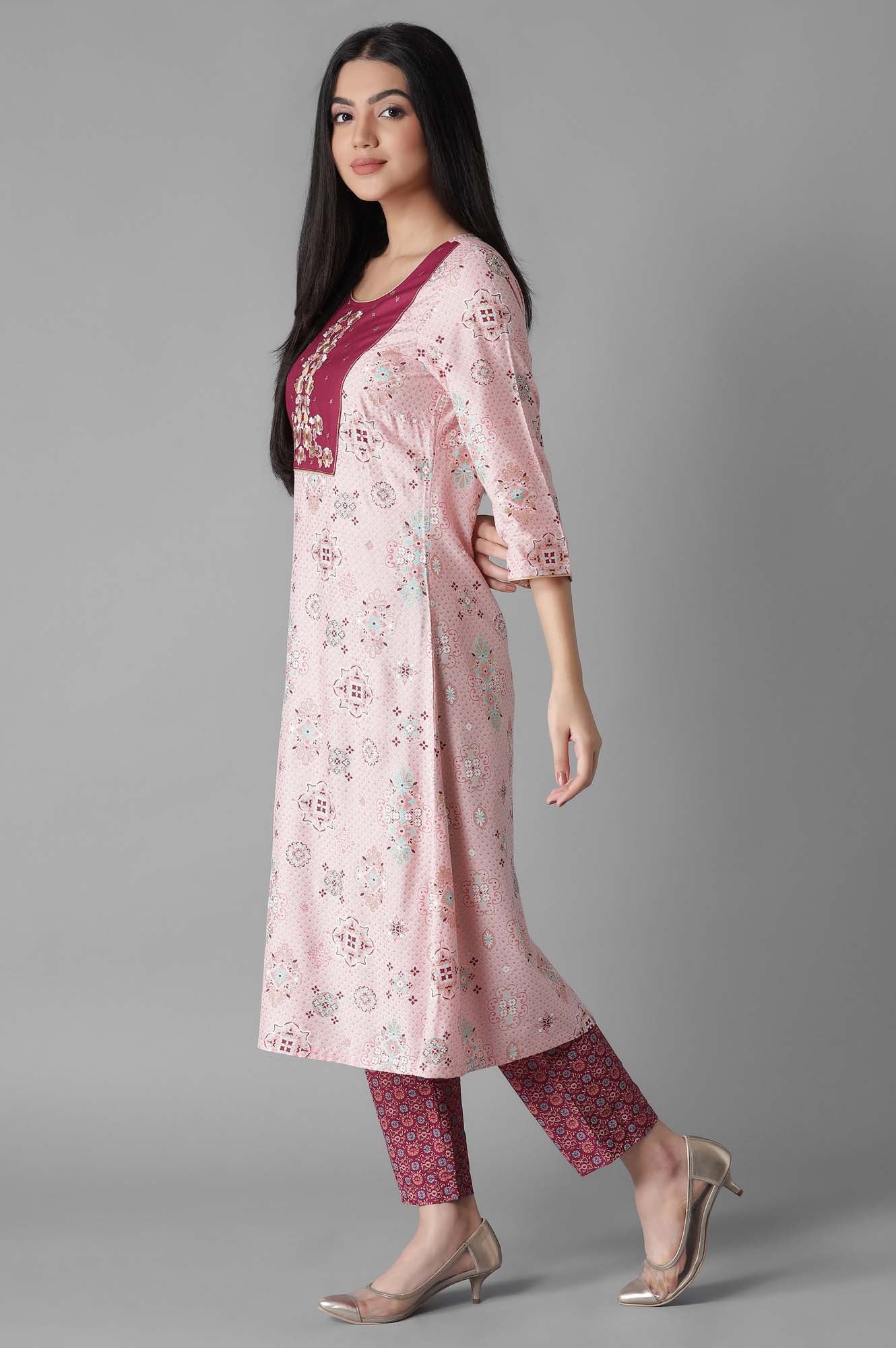 Rose Pink Glittered Geometric Print A line kurta Trousers Set