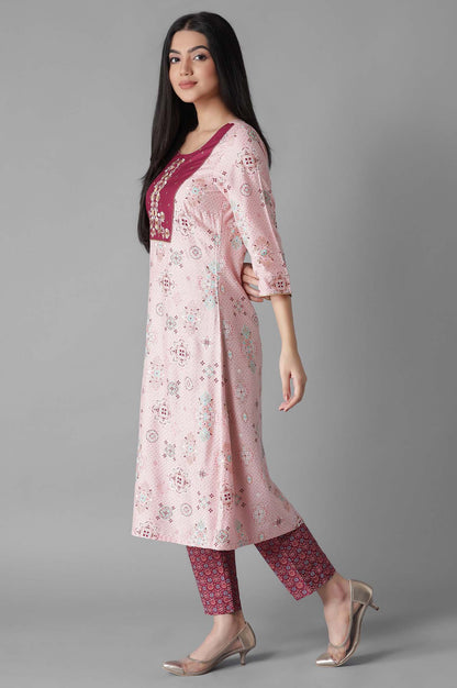 Rose Pink Glittered Geometric Print A line kurta Trousers Set