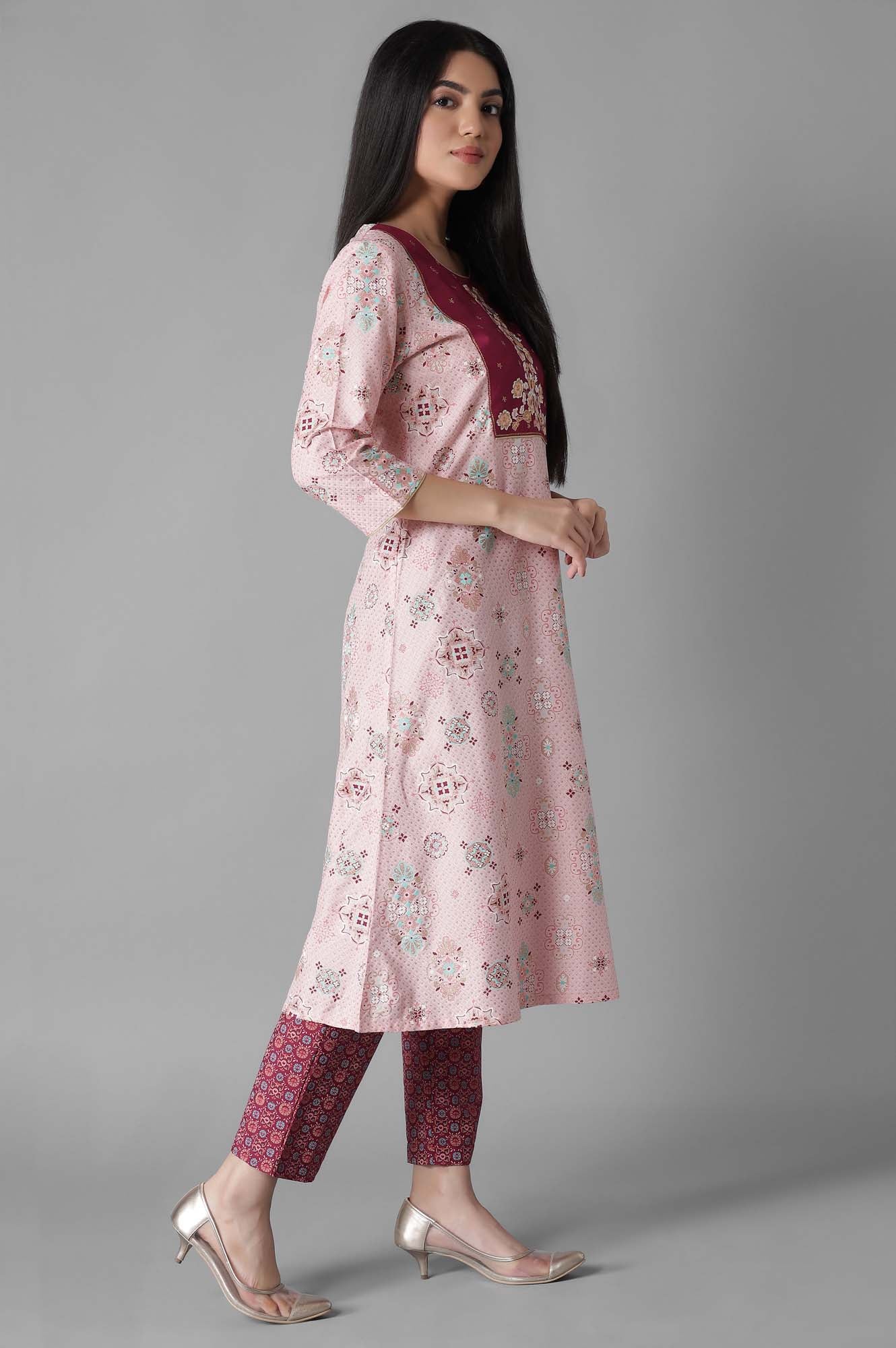 Rose Pink Glittered Geometric Print A line kurta Trousers Set