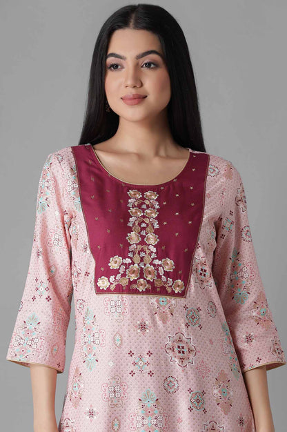 Rose Pink Glittered Geometric Print A line kurta Trousers Set