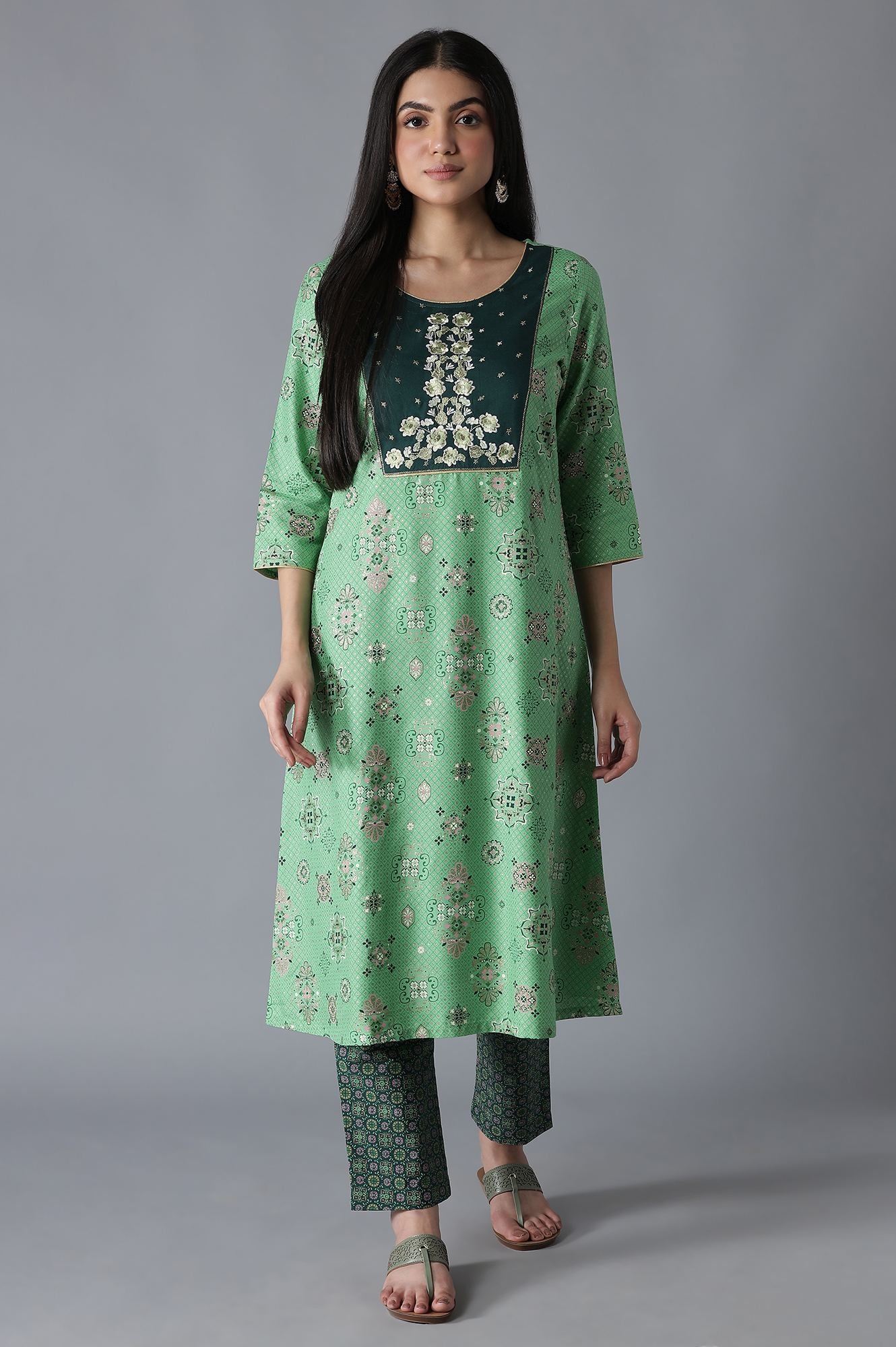 Green Glittered Geometric Print A line kurta Trousers Set