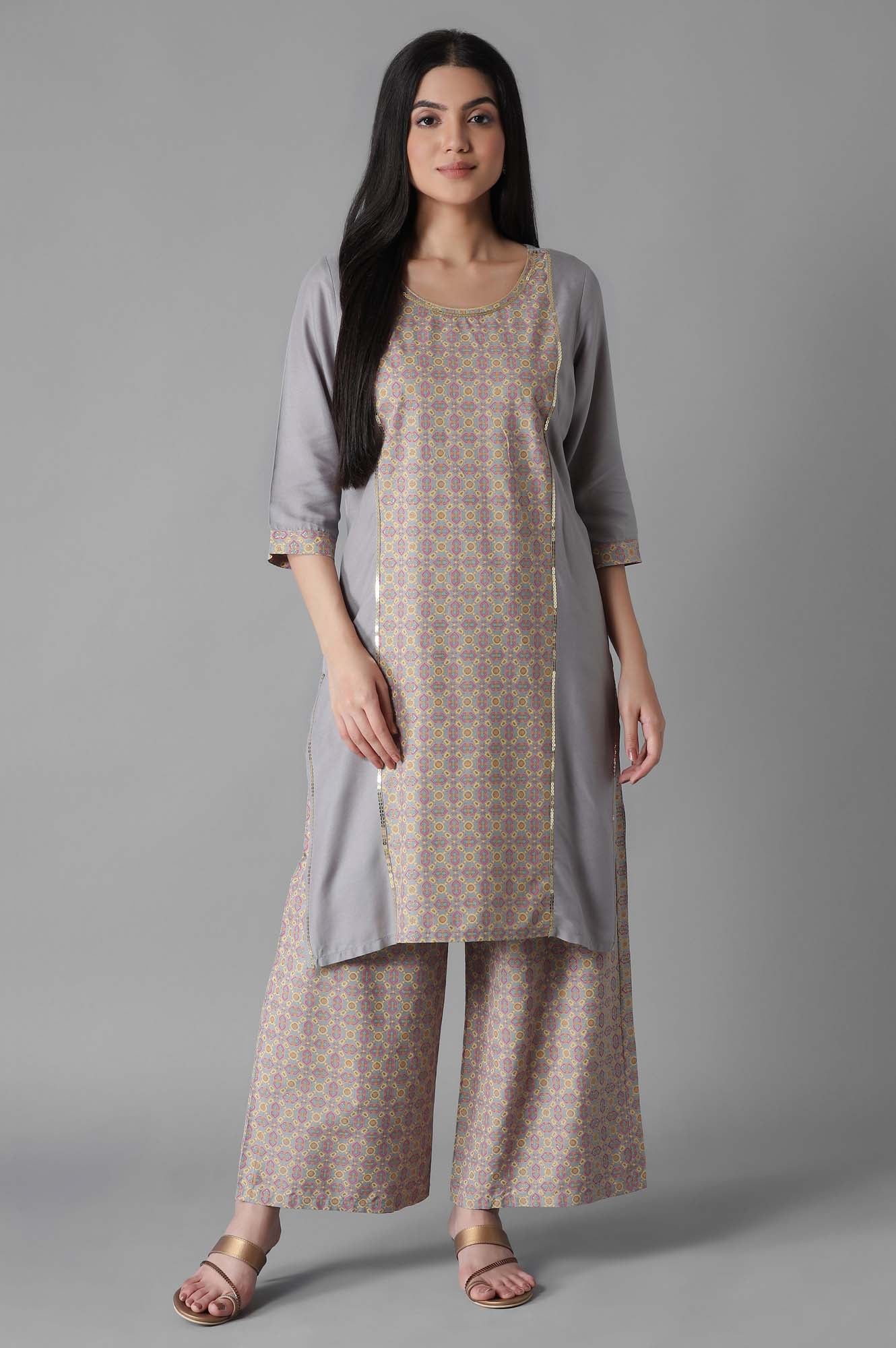 Silver Sconch Glittered Geometric Print kurta Palazzos Set