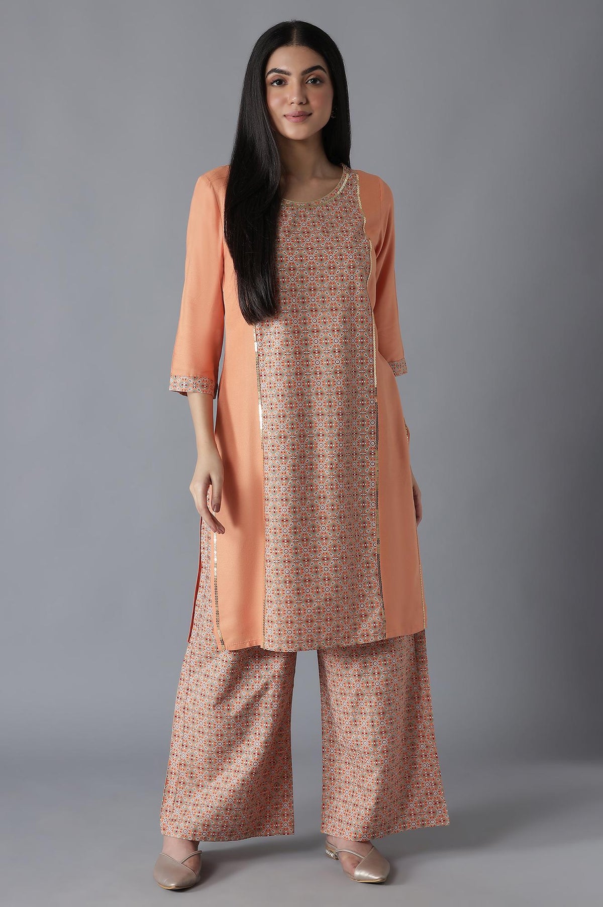 Orange Glittered Geometric Print kurta Palazzos Set - XS