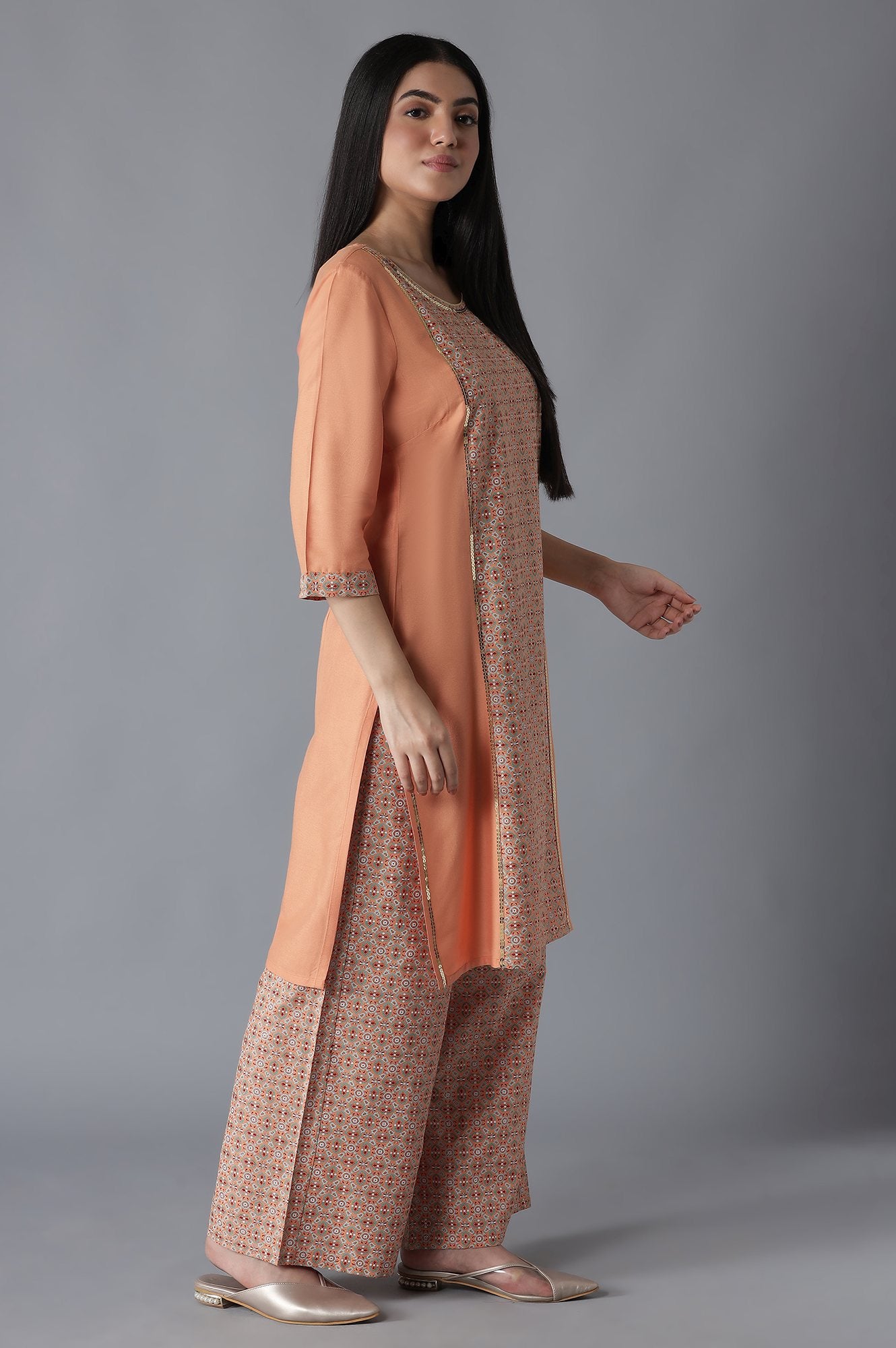 Orange Glittered Geometric Print kurta Palazzos Set