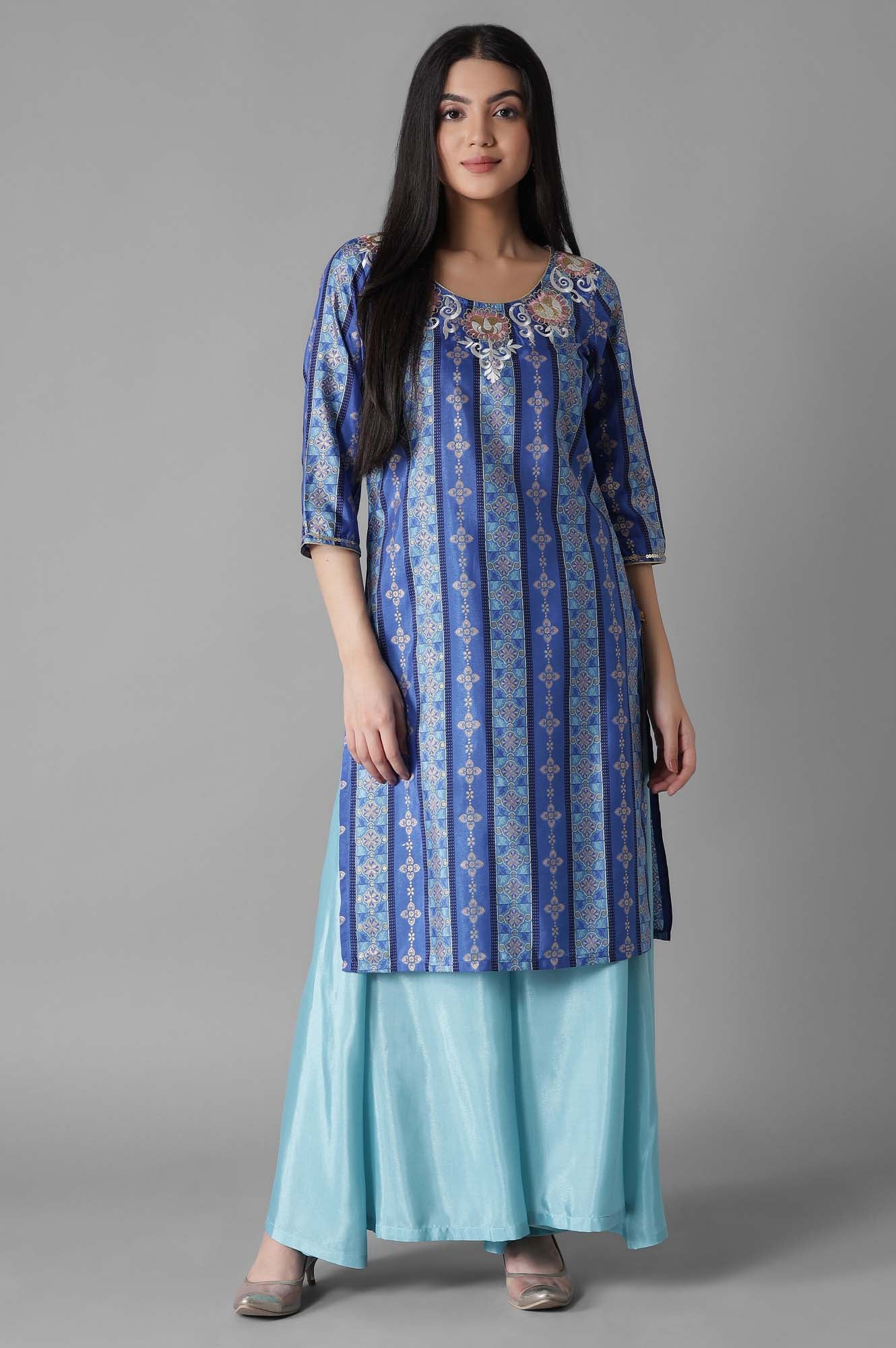 Blue Foil Print kurta Palazzos Set