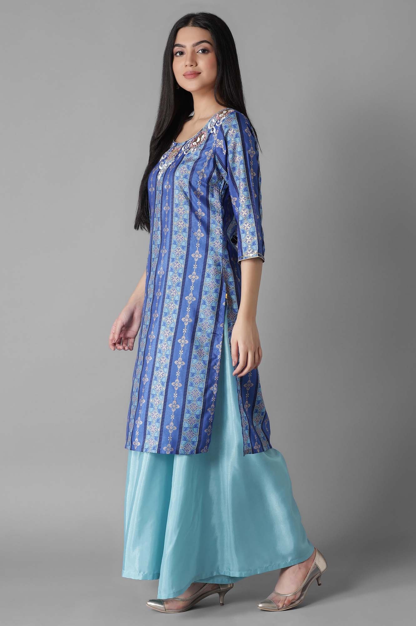 Blue Foil Print kurta Palazzos Set