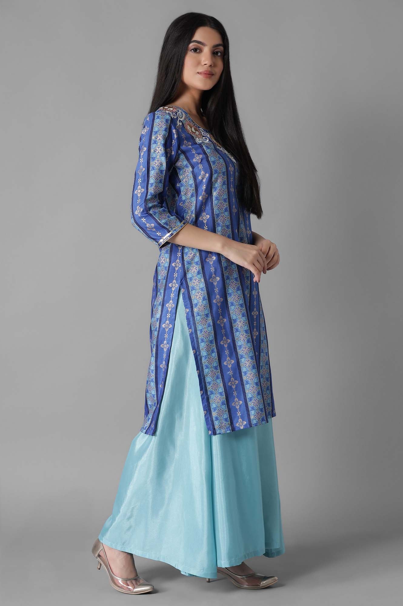 Blue Foil Print kurta Palazzos Set