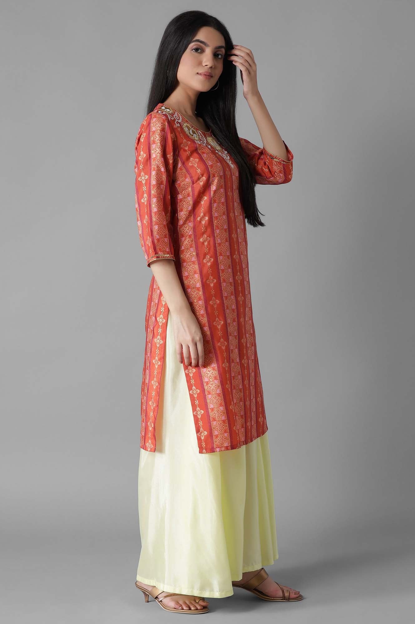 Orange Foil Print kurta Palazzos Set