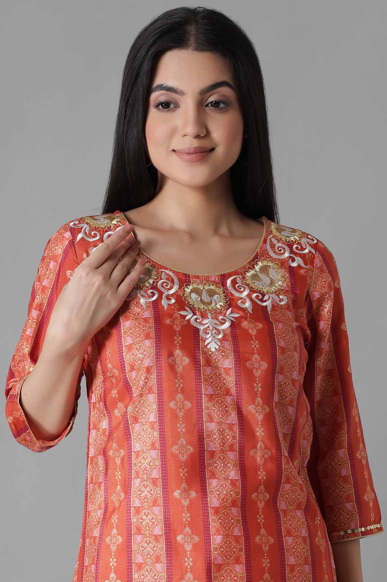 Orange Foil Print kurta Palazzos Set