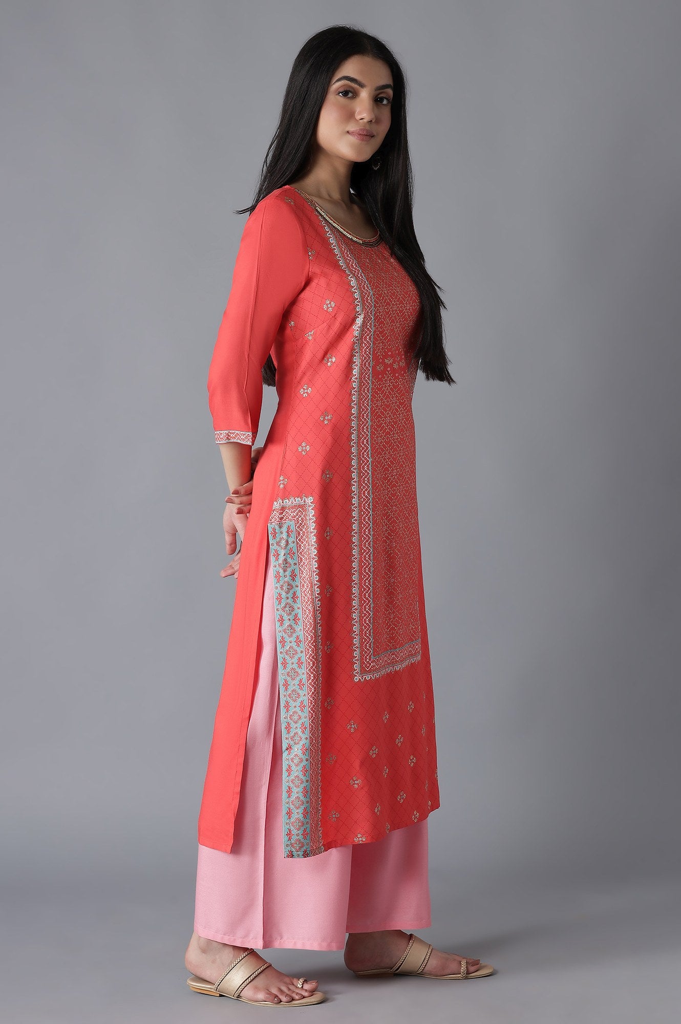 Orange Glittered Geometric Print kurta Palazzos Set