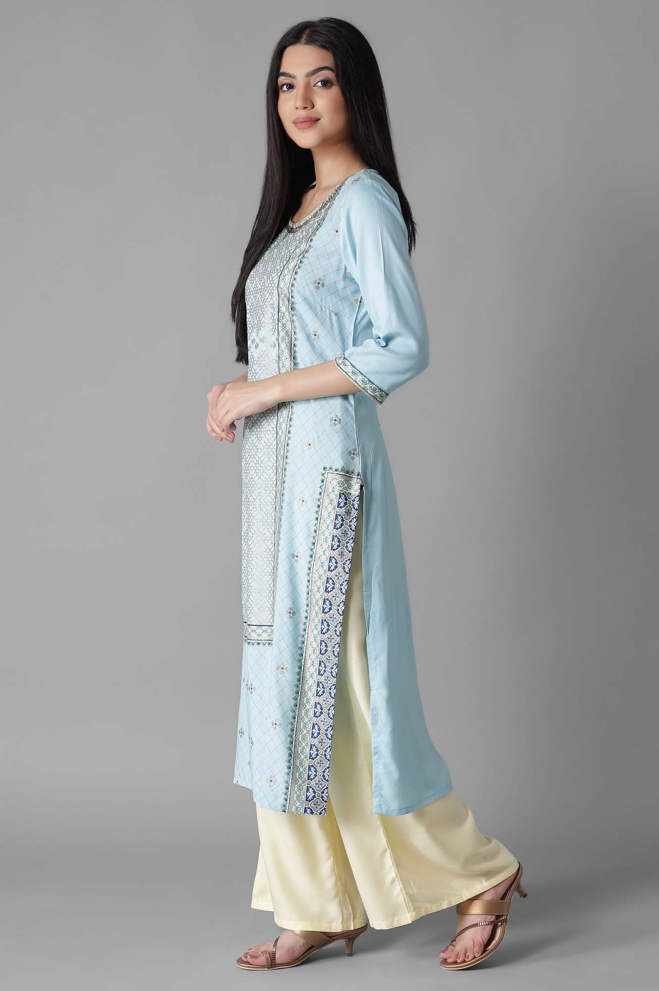 Light Blue Glittered Geometric Print kurta Palazzos Set