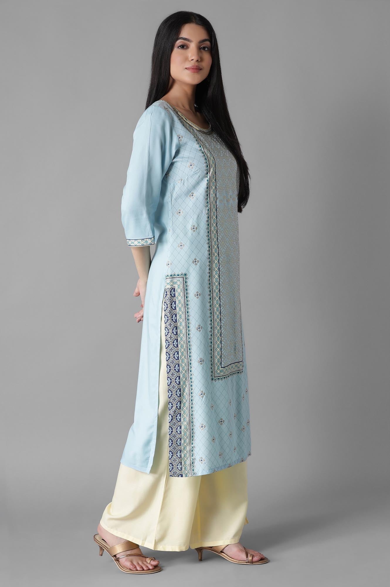 Light Blue Glittered Geometric Print kurta Palazzos Set