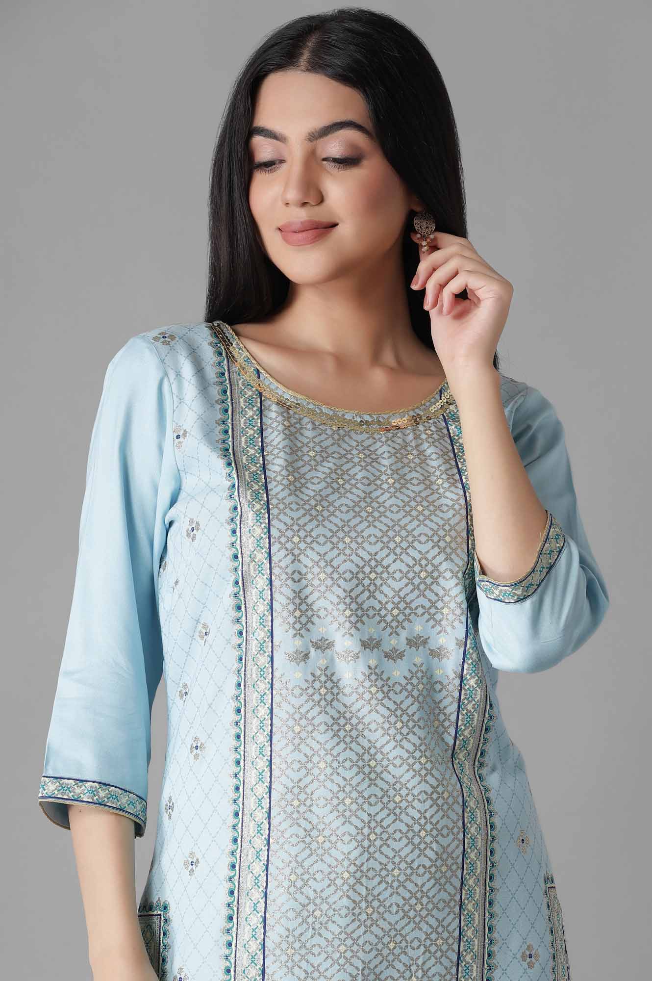 Light Blue Glittered Geometric Print kurta Palazzos Set