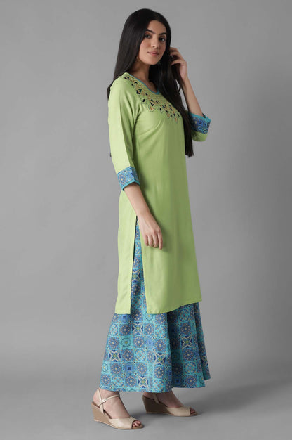 Green Embroidered Solid kurta Culottes Set