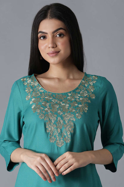 Green Embroidered Solid kurta Palazzos Set