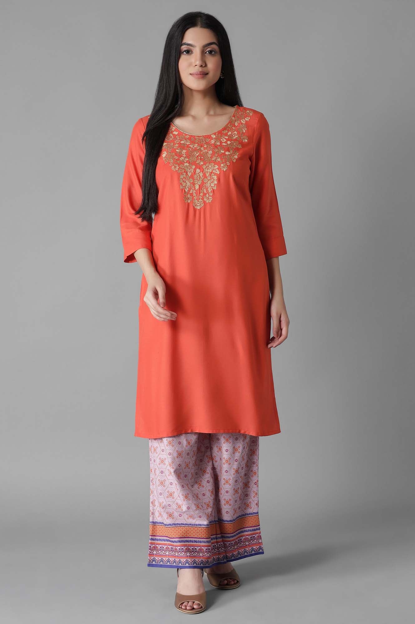 Orange Embroidered Solid kurta Palazzos Set