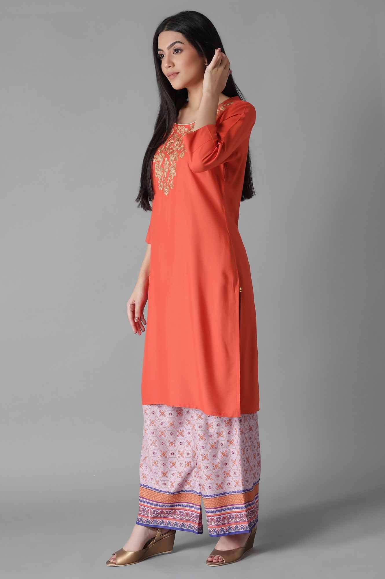 Orange Embroidered Solid kurta Palazzos Set