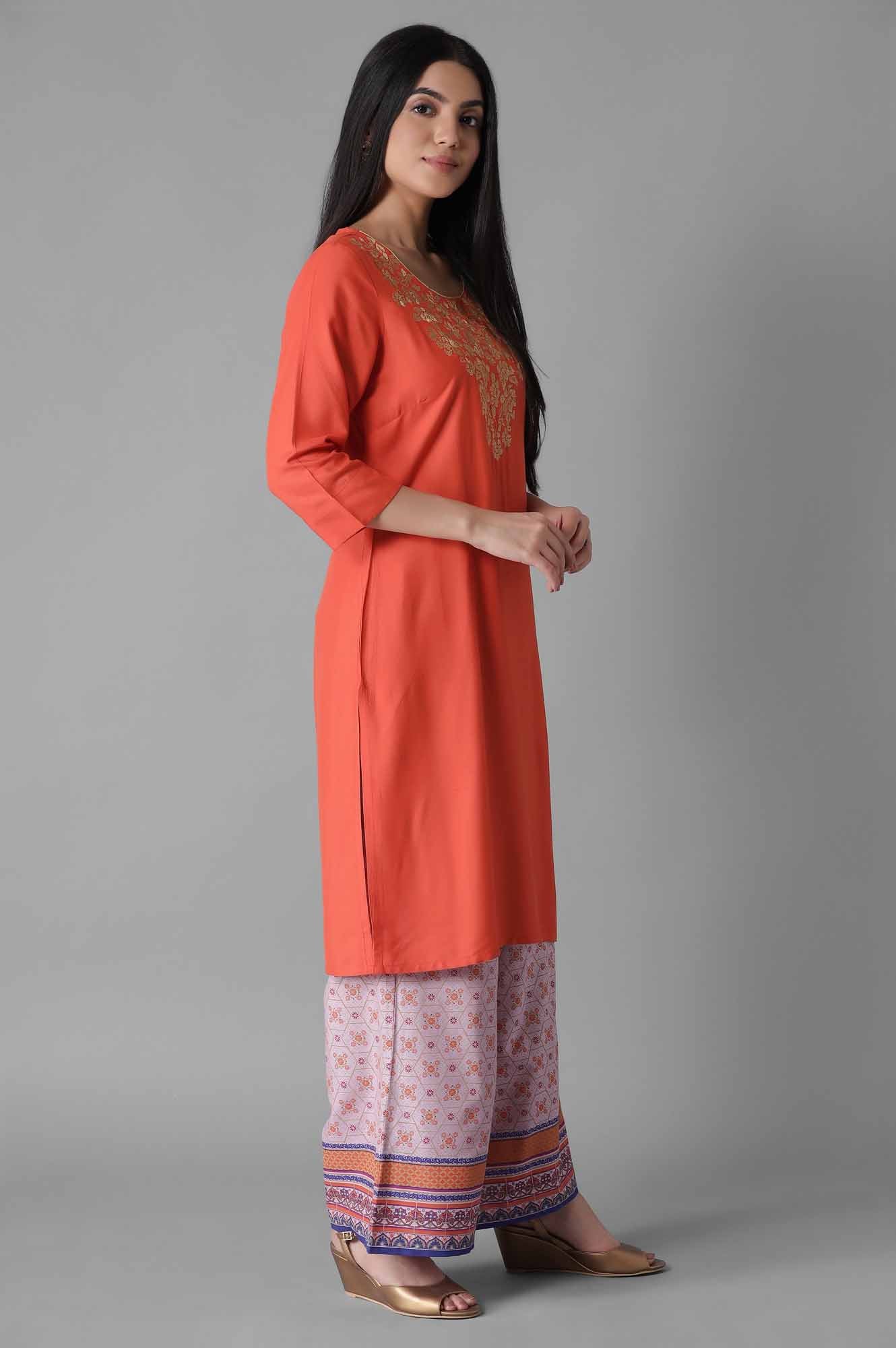 Orange Embroidered Solid kurta Palazzos Set