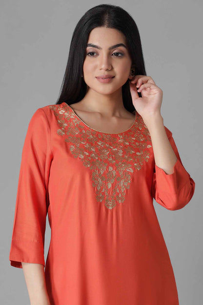 Orange Embroidered Solid kurta Palazzos Set