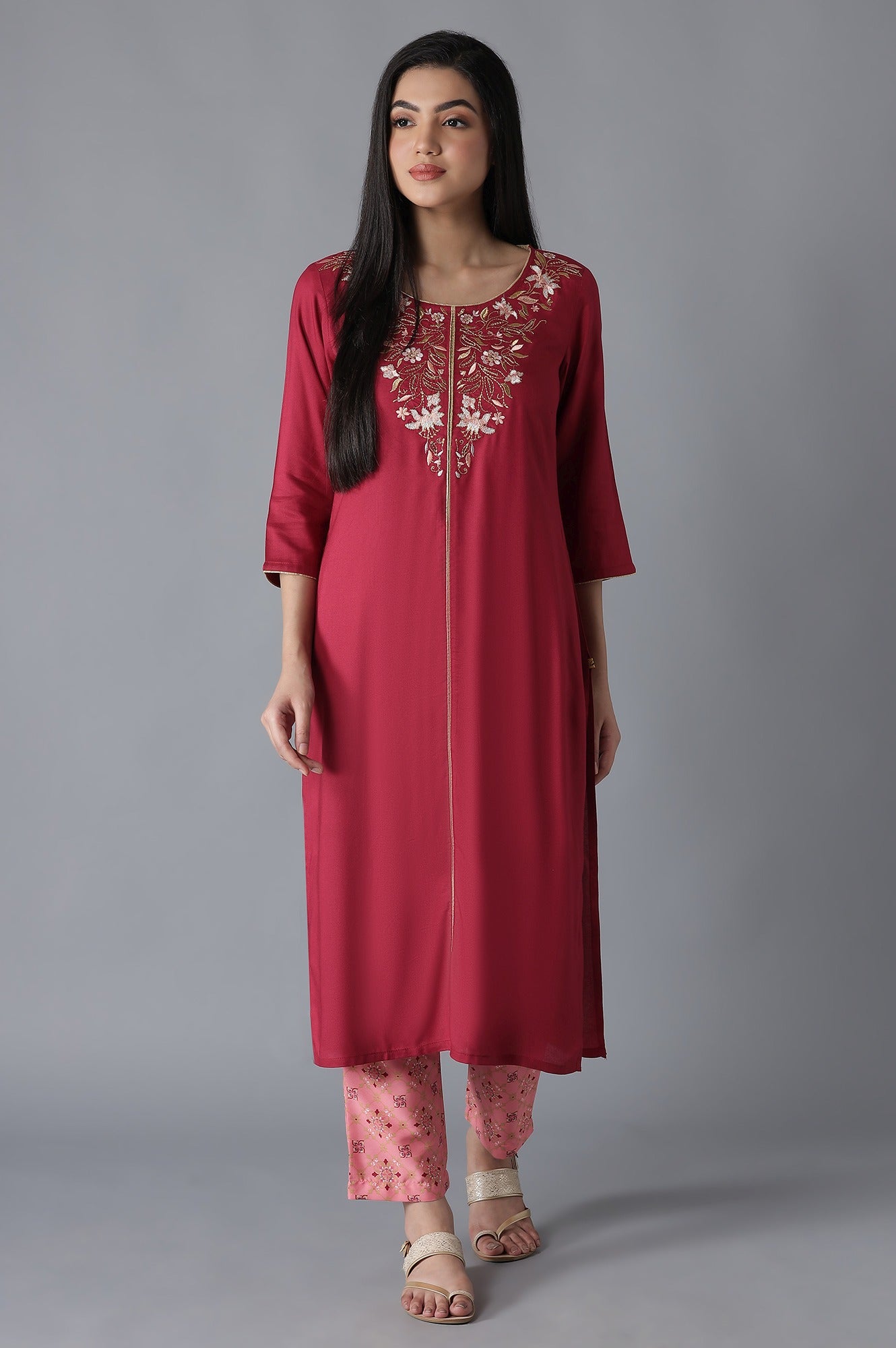 Red Embroidered Solid kurta Trousers Set