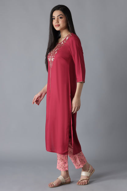 Red Embroidered Solid kurta Trousers Set