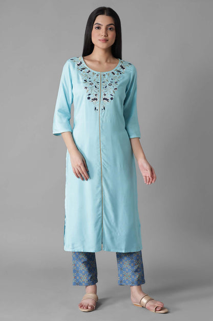 Blue Embroidered Solid kurta Trousers Set