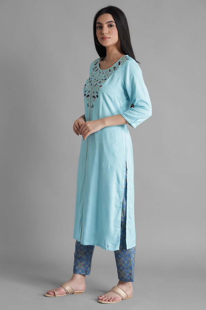 Blue Embroidered Solid kurta Trousers Set