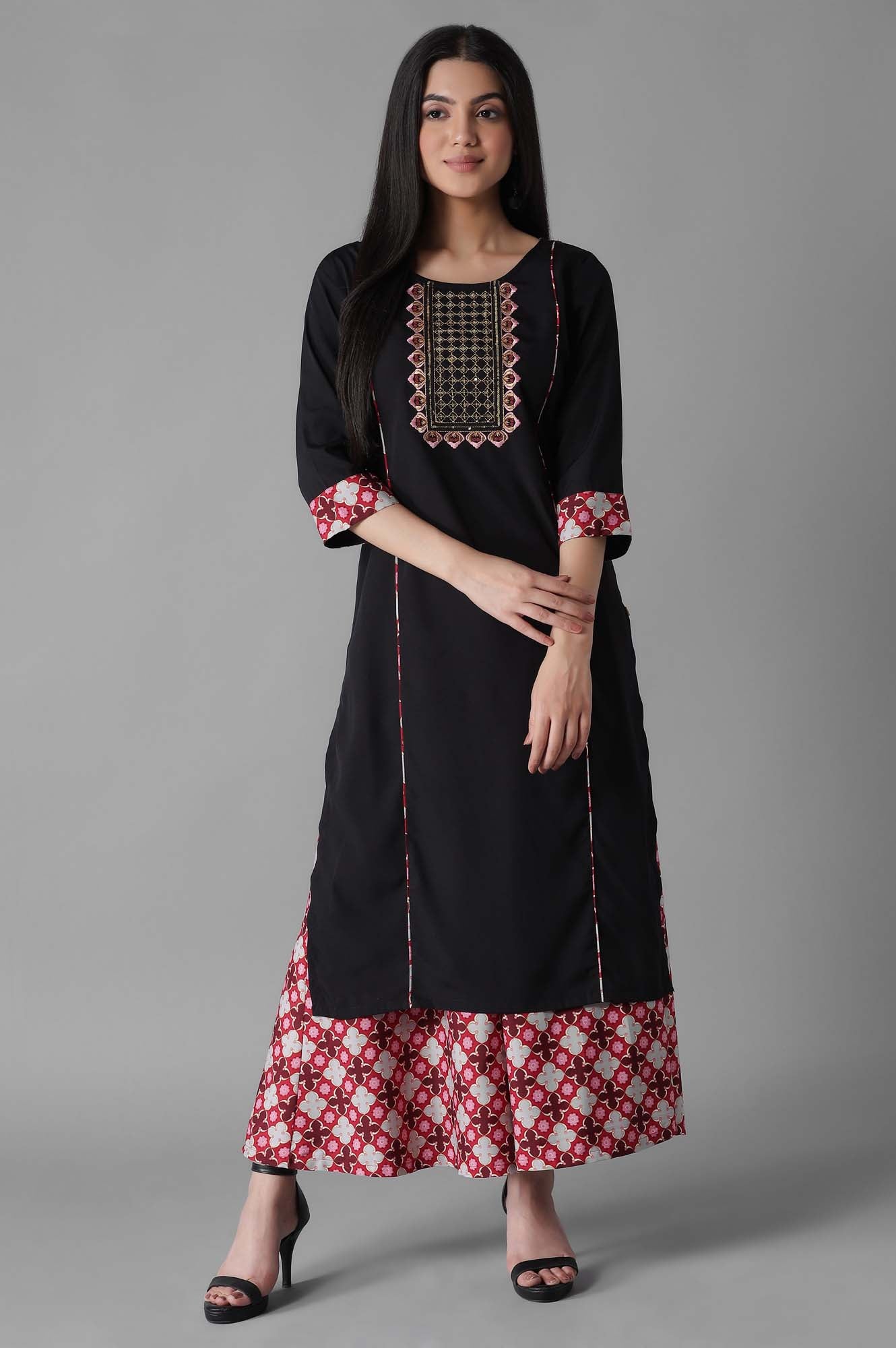 Black Embroidered Panelled kurta Culottes Set