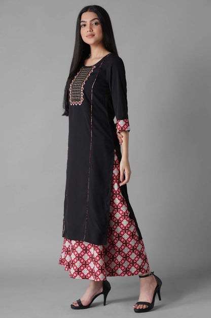 Black Embroidered Panelled kurta Culottes Set