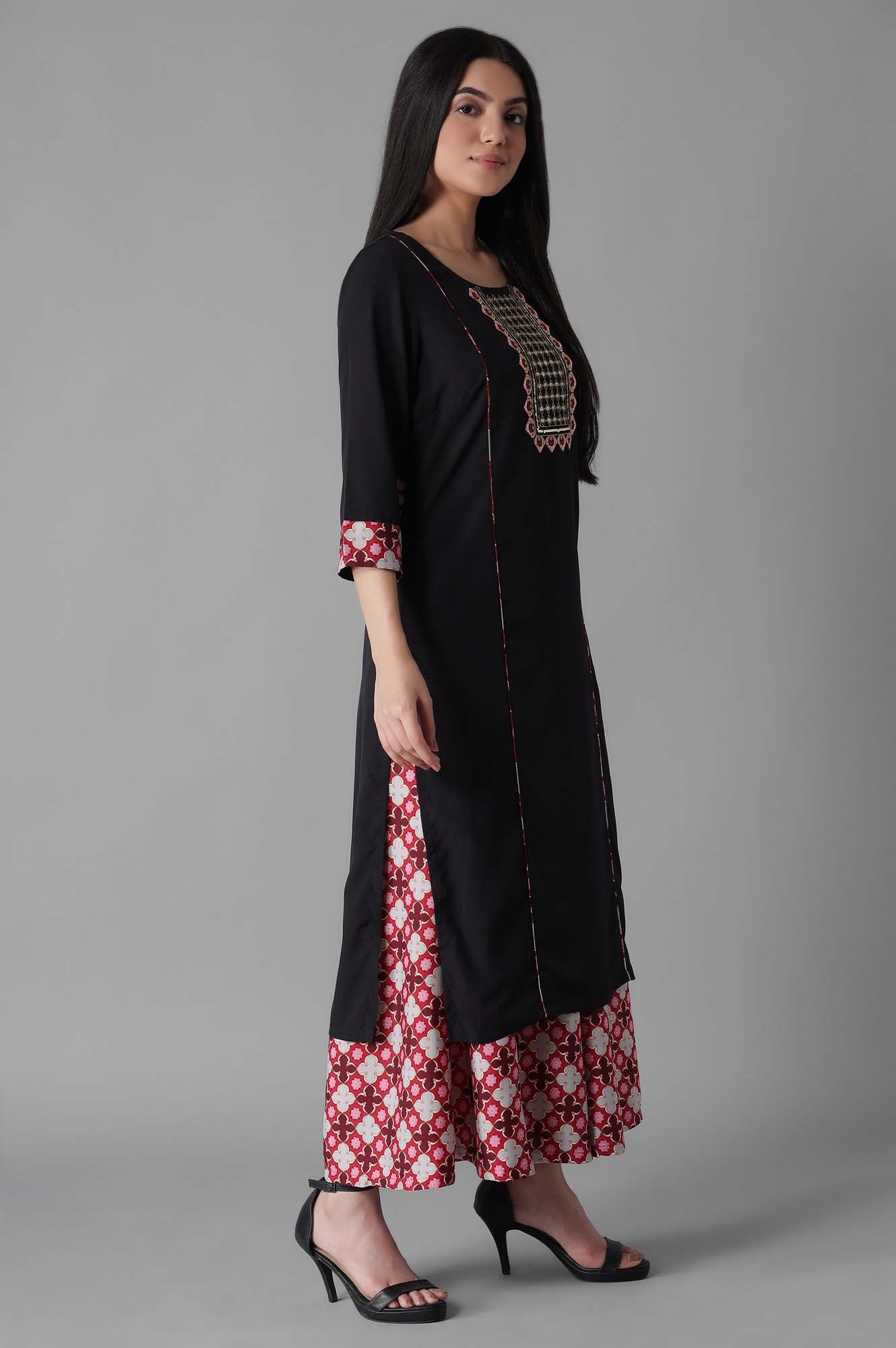 Black Embroidered Panelled kurta Culottes Set