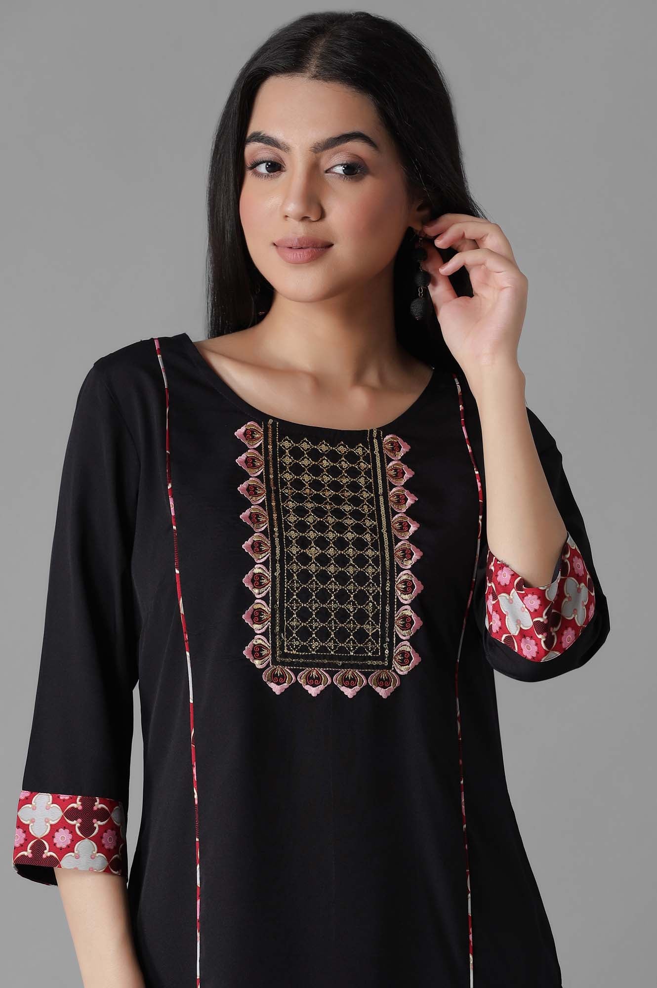 Black Embroidered Panelled kurta Culottes Set