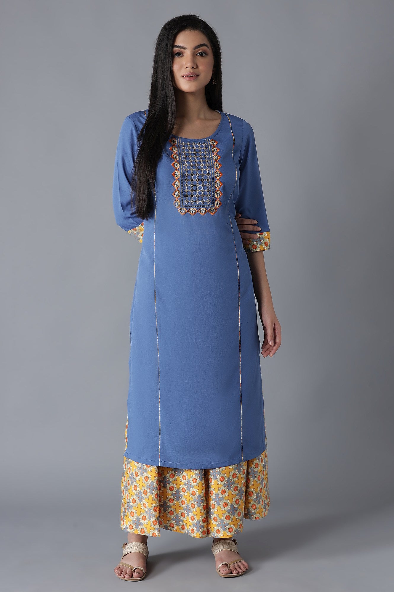 Blue Embroidered Panelled kurta Culottes Set