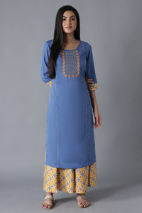 Blue Embroidered Panelled kurta Culottes Set