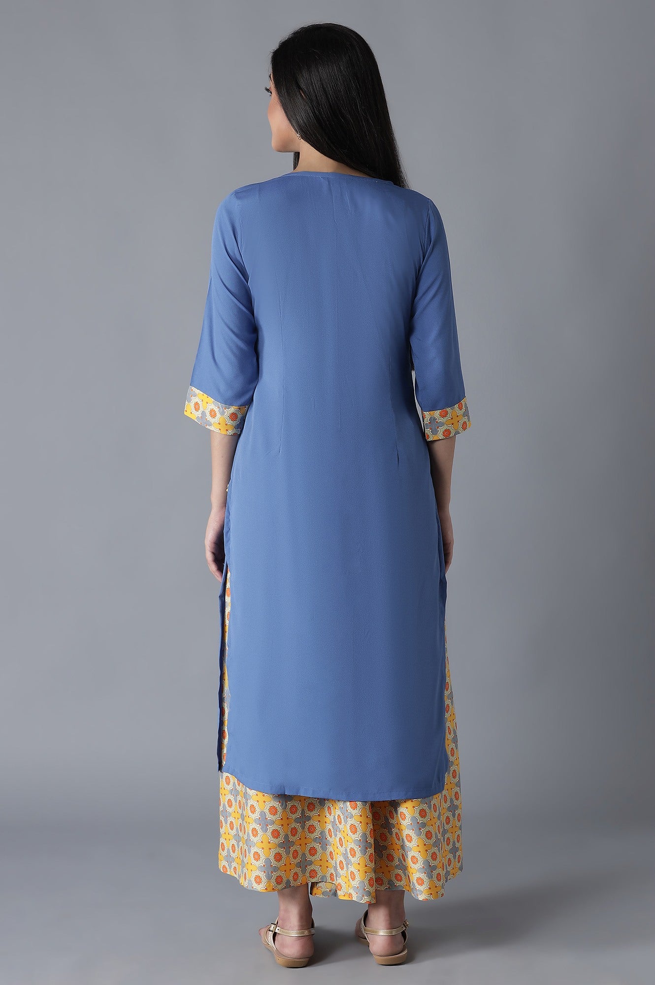 Blue Embroidered Panelled kurta Culottes Set