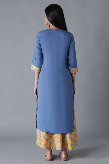 Blue Embroidered Panelled kurta Culottes Set