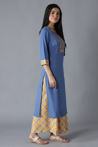 Blue Embroidered Panelled kurta Culottes Set