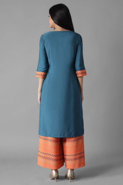 Blue Embroidered Solid Straight kurta Culottes Set