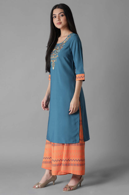 Blue Embroidered Solid Straight kurta Culottes Set